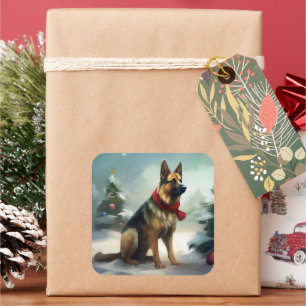 Sticker Carré Chien berger allemand en Noël de neige