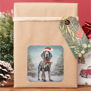 Sticker Carré Chien Bluetick Coonhound dans la neige de Noël
