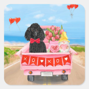 Sticker Carré Chien Caniche Camion de la Saint-Valentin Cœurs
