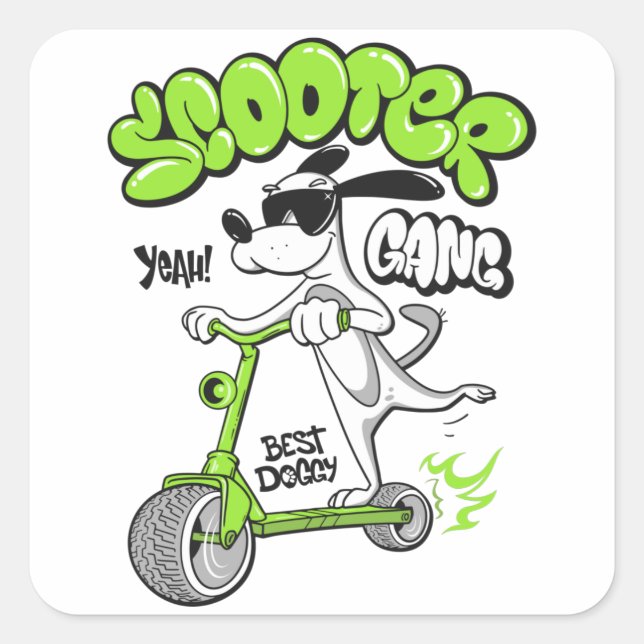 Sticker Carré chien chevauchant un scooter (Devant)