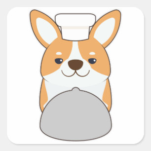 Sticker Carré Chien chiot comme cuisinier avec Platter