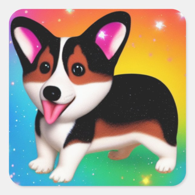 Sticker Carré Chien chiot de Corgi drôle (Devant)