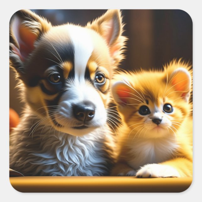 Sticker Carré Chien chiot et Orange Kitten Ai Art (Devant)