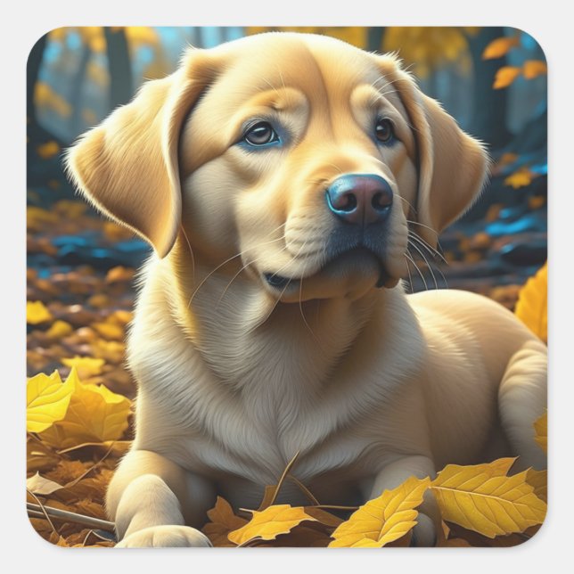 Sticker Carré Chien chiot jouant dans les feuilles d'automne (Devant)