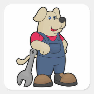 Sticker Carré Chien comme mécanicien avec clé