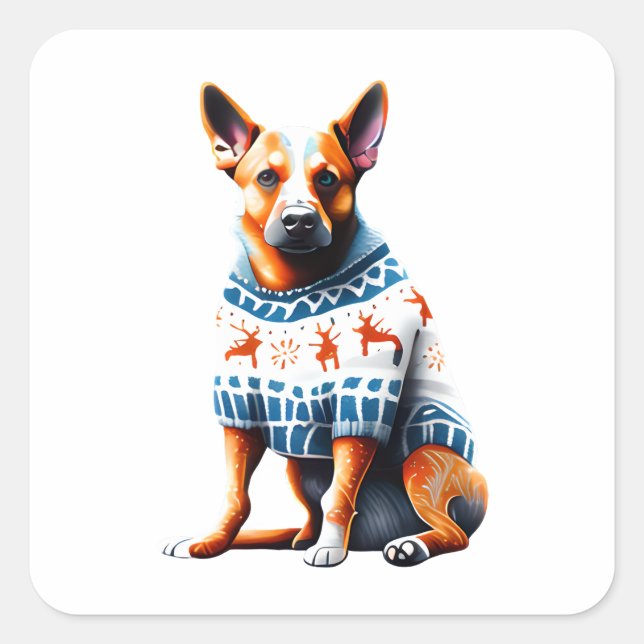 Sticker Carré Chien de bétail australien en chandail de Noël (Devant)
