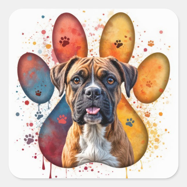 Sticker Carré Chien De Boxe En Empreinte D'Aquarelle (Devant)