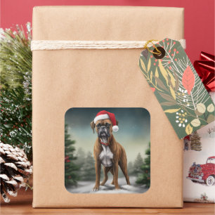 Sticker Carré Chien de boxe en Noël de neige