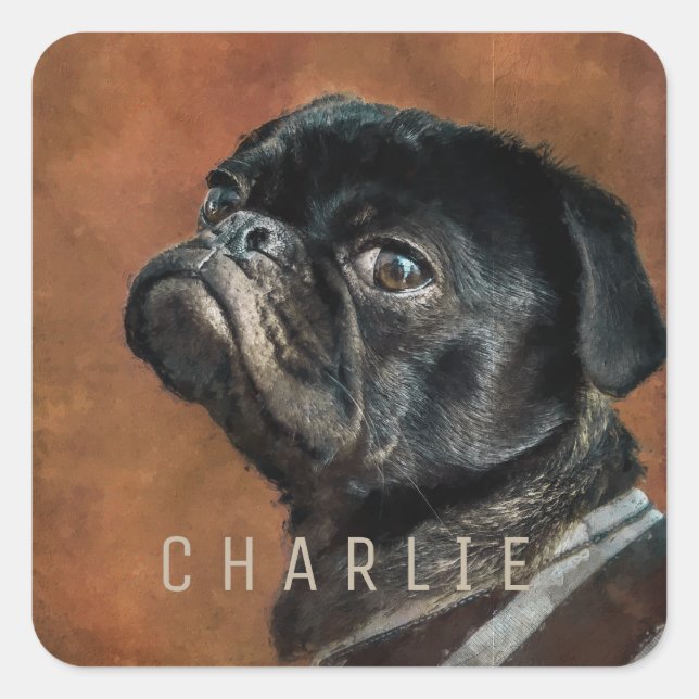 Sticker Carré Chien de Carlin noir personnalisé (Devant)
