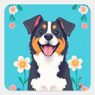 Sticker Carré Chien de dessin animé entouré de fleurs