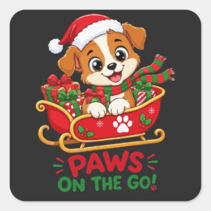 Sticker Carré Chien de Noël mignon dans un traîneau
