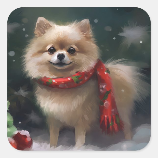 Sticker Carré Chien de Poméranie en Noël de neige (Devant)