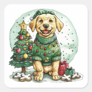 Sticker Carré Chien de rétritrice de Noël Jaune Labrador