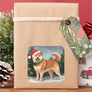 Sticker Carré Chien de Shiba Inu à Noël de neige