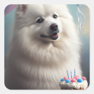 Sticker Carré Chien d'eskimo américain avec anniversaire de ball