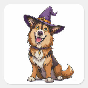 Sticker Carré Chien d'Halloween portant un chapeau de sorcier vi