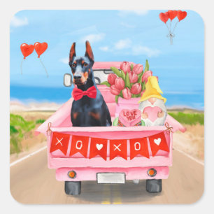 Sticker Carré Chien Doberman Camion de la Saint-Valentin Cœurs