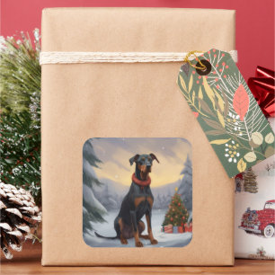 Sticker Carré Chien Doberman dans la neige de Noël
