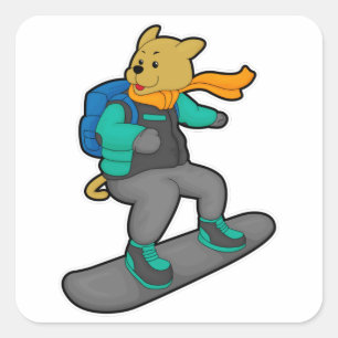 Sticker Carré Chien en Snowboardeur avec Snowboard & Backpack