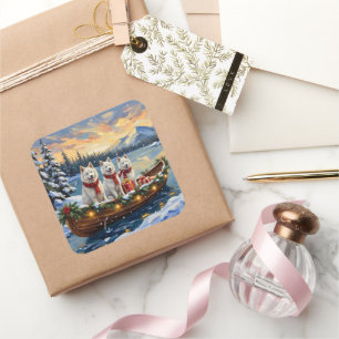 Sticker Carré Chien Esquimau Américain Blanc Noël Bateau Fêtes