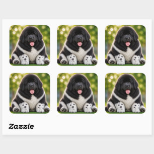 Sticker Carré Chien grassouillet noir et blanc newfie landseer