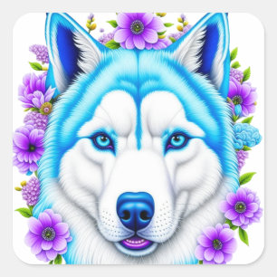 Sticker Carré Chien Husky avec yeux et fleurs bleus