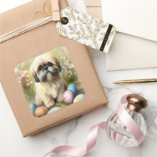 Sticker Carré Chien Lhasa Apso avec vacances d'Œufs de Pâques