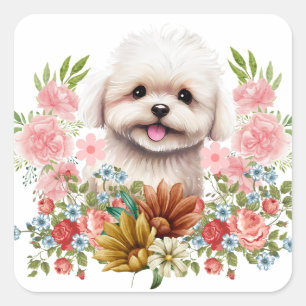 Sticker Carré Chien maltais aux fleurs, Chien maltais mignon