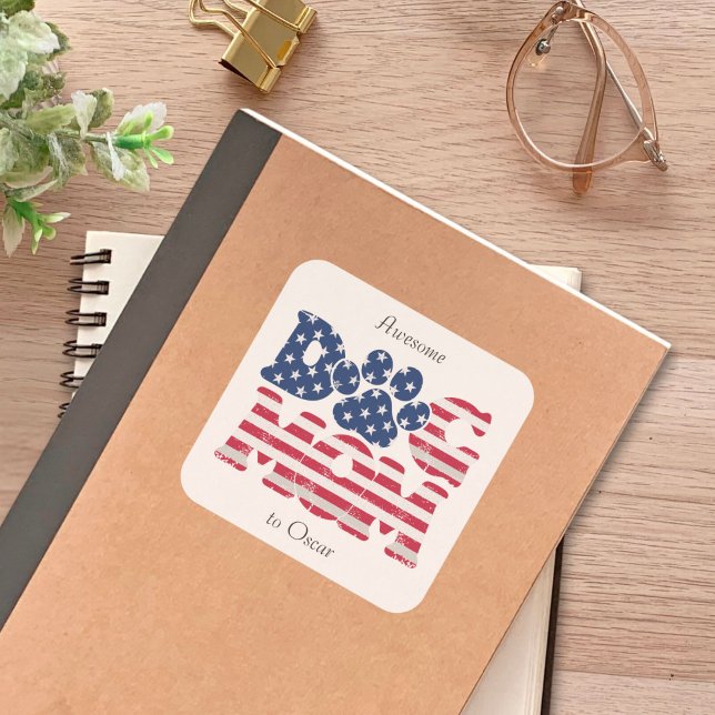 Sticker Carré Chien Maman Drapeau Américain Grunge Rouge Blanc B (Créateur téléchargé)