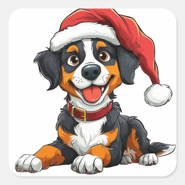 Sticker Carré Chien mignon à Santa Hat Célébrer Noël (Devant)