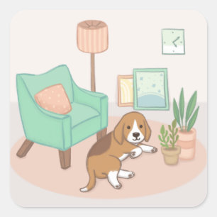 Sticker Carré Chien mignon, Chaise, Plante, et plus d'illustrati