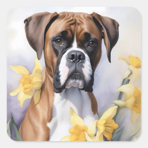 Sticker Carré Chien mignon De Boxe Avec Daffodiles Jaunes Aquare