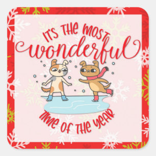 Sticker Carré Chien mignon Noël Temps le plus merveilleux Rouge
