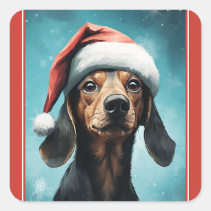 Sticker Carré Chien mignon portant le chapeau du Père Noël Dachs