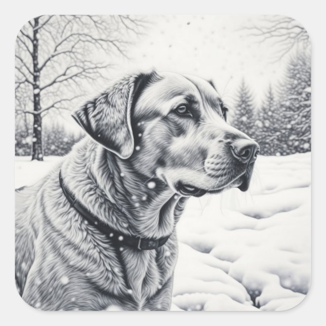 Sticker Carré Chien noir et blanc AI Croquis hiver scène (Devant)
