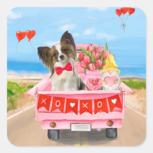 Sticker Carré Chien Papillon Camion de la Saint-Valentin Cœurs
