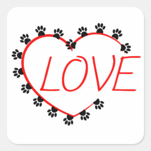 Sticker Carré Chien Paws Red Heart Love