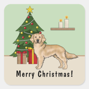 Sticker Carré Chien Retriever Golden Jaune Avec Arbre de Noël