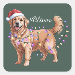 Sticker Carré Chien Retriever Golden Noël Nom Personnalisé 
