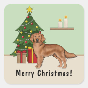 Sticker Carré Chien Retriever Golden Rouge Avec Sapin de Noël