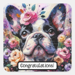 Sticker Carré Chien Rose Floral Rose Blanc Noir Blanc