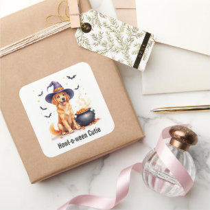 Sticker Carré Chienne Golden Retriever Sorcière Halloween Aquare
