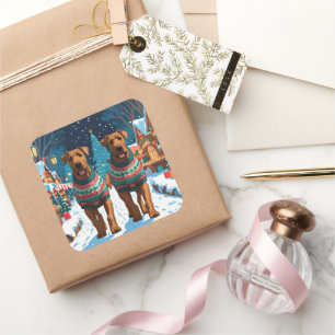 Sticker Carré Chiens Airedale Noël Neige Fêtes