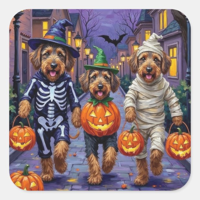 Sticker Carré Chiens Airedale Terrier Trick-or-Treating Hallowee (Devant)