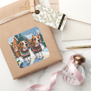 Sticker Carré Chiens Beagle Noël Neige Fêtes