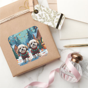 Sticker Carré Chiens Bichon Frise Noël Neige Fêtes