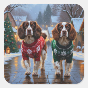 Sticker Carré Chiens Brittany Spaniel Noël Neige Fêtes
