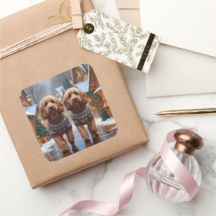 Sticker Carré Chiens Cockapoo Noël Neige Fêtes