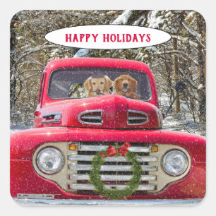 Sticker Carré Chiens de Noël en camion rouge rétro