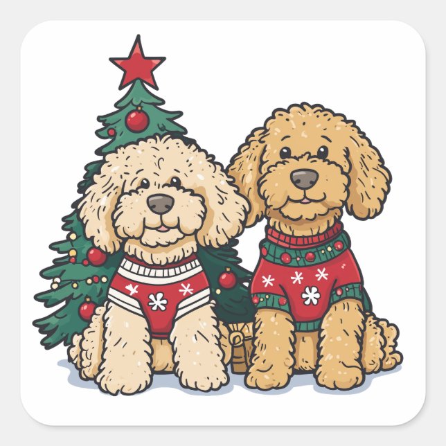 Sticker Carré Chiens de Noël Goldendoodle (Devant)